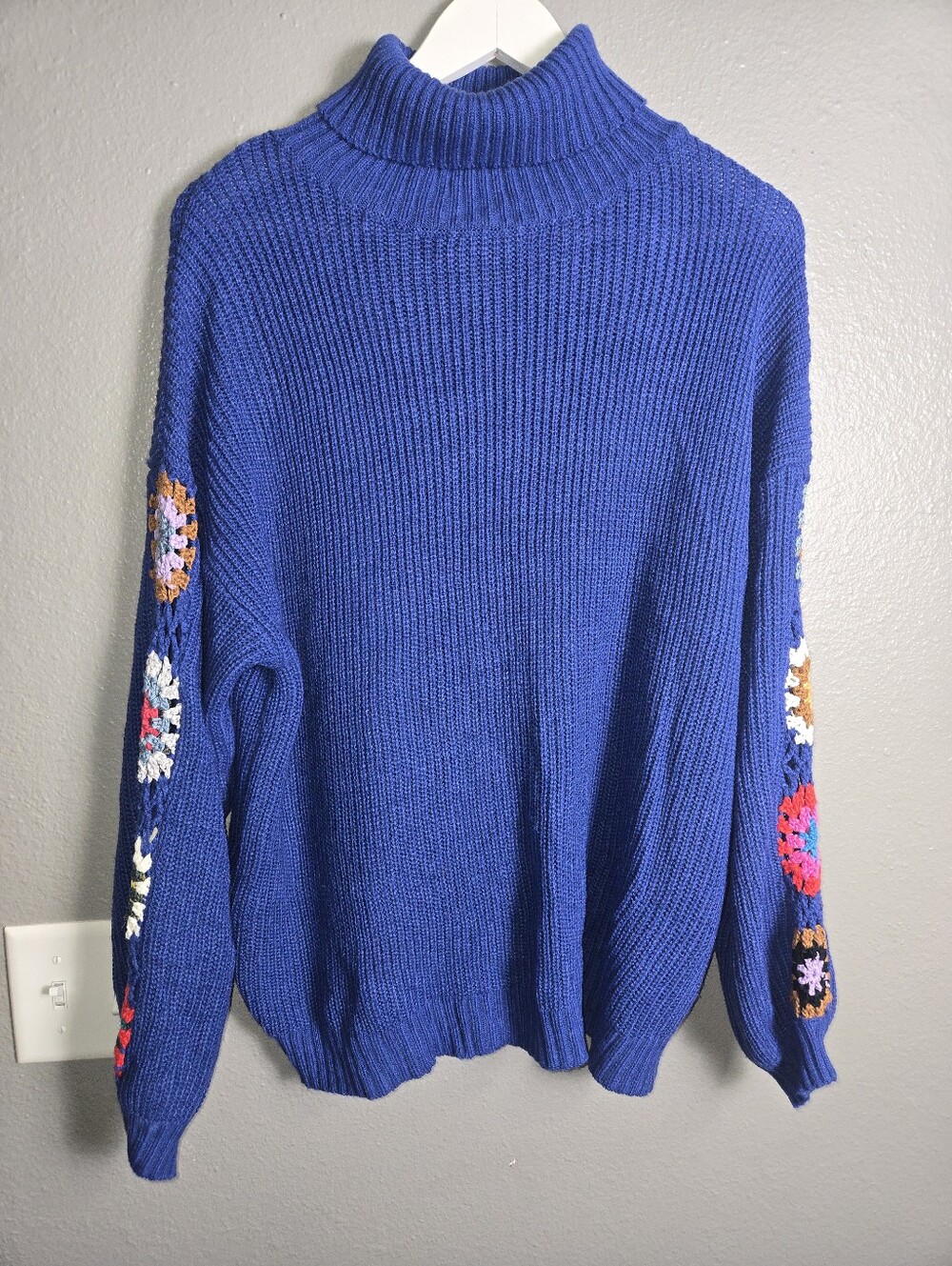 Blue Turtleneck With Granny Square Crochet Sleeve Details Size XL